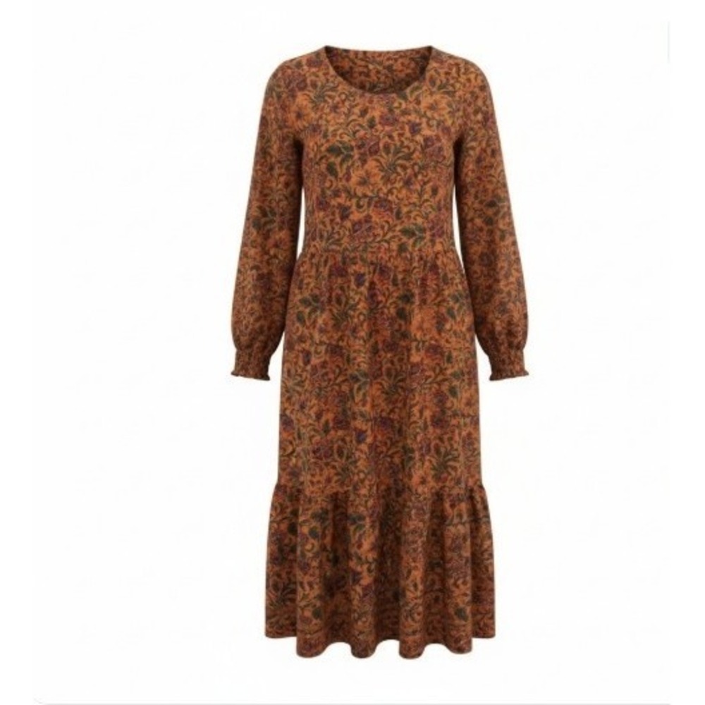 Denim & Co Canyon Retreat Tiered Midi Dress L Tall Tapestry Prairie Cottage